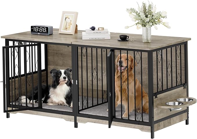 YITAHOME 71" Double Dog Crate Furniture with Divider, Wooden Large Dog Kennel with Flip-Top&4 Rotatable Bowls&2 Cushions, Dog Crate Furniture TV Stand for Medium Large Dogs, Grey