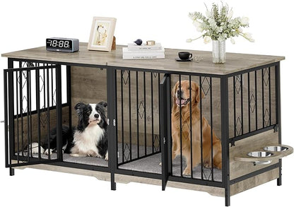 YITAHOME 71" Double Dog Crate Furniture with Divider, Wooden Large Dog Kennel with Flip-Top&4 Rotatable Bowls&2 Cushions, Dog Crate Furniture TV Stand for Medium Large Dogs, Grey