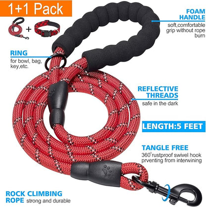 Ladoogo Reflective Dog Collar Padded with Soft Neoprene Breathable Adjustable Nylon Dog Collars for Small Medium Large Dogs (X-Small (Pack of 1), Red Plaid Collar+Leash)
