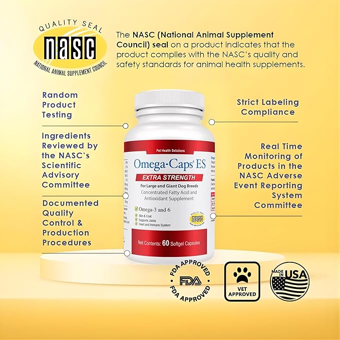 Omega Caps ES Extra Strength for Large and Giant Dogs Omega-3 and Omega-6 Fatty Acid Antioxidant Supplement Vet Formulated Made in USA Skin Coat Joint Heart and Immune Health 60 Softgel Capsules