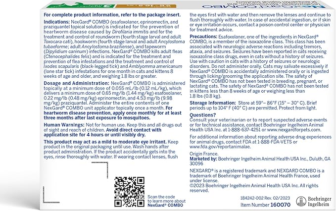 NexGard® Combo (esafoxolaner, eprinomectin, and praziquantel Topical Solution) Flea and Tick Protection Plus Heartworm Disease Preventive for Cats, 5.6-16.5 lbs. (Yellow Box) 3 Doses (3 Month Supply)