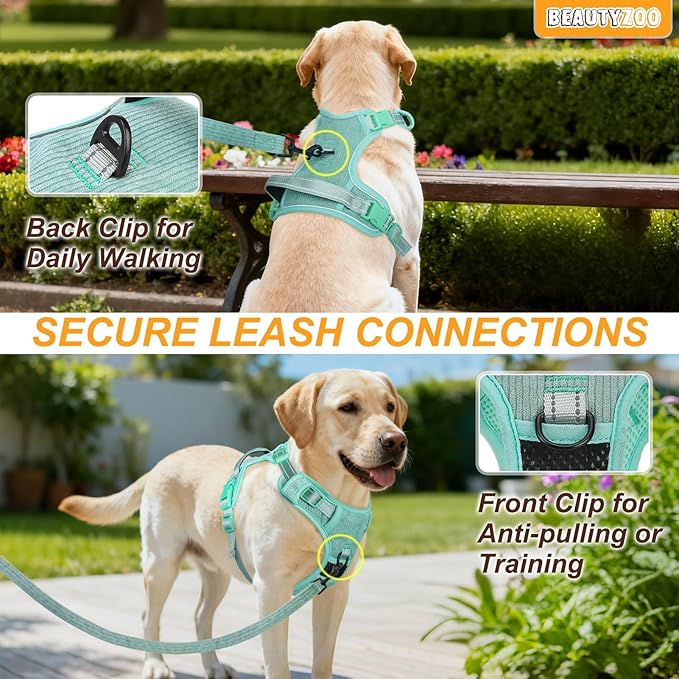 BEAUTYZOO No Pull Dog Harness, Adjustable Dog Harness and Leash Set -Easy Wearing with 3 Buckles/Control Handle,No Choke Soft Padded Reflective Pet Vest for Training Walking Hiking,Solid Aqua Blue XL