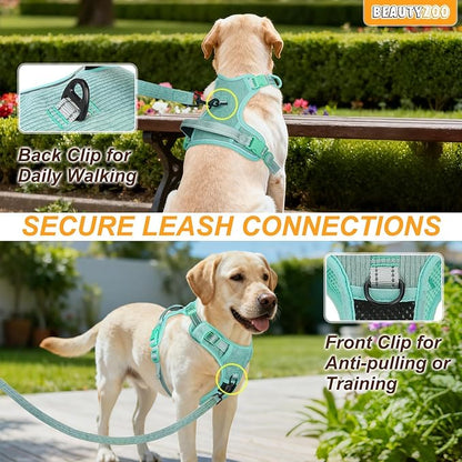 BEAUTYZOO No Pull Dog Harness, Adjustable Dog Harness and Leash Set -Easy Wearing with 3 Buckles/Control Handle,No Choke Soft Padded Reflective Pet Vest for Training Walking Hiking,Solid Aqua Blue XL