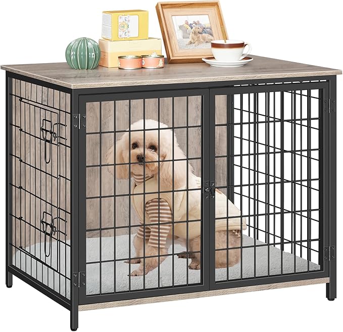 MAHANCRIS Dog Crate Furniture with Cushion, Wooden Dog Kennel with Double Doors, Heavy Duty Dog Cage for Small/Medium/Large Dogs, Indoor Dog House End Table, 31.5" L, Greige DCHG0701