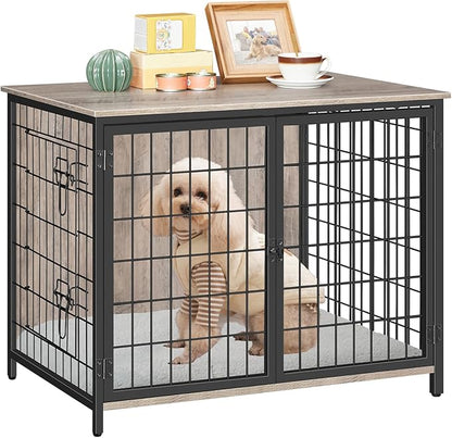 MAHANCRIS Dog Crate Furniture with Cushion, Wooden Dog Kennel with Double Doors, Heavy Duty Dog Cage for Small/Medium/Large Dogs, Indoor Dog House End Table, 31.5" L, Greige DCHG0701
