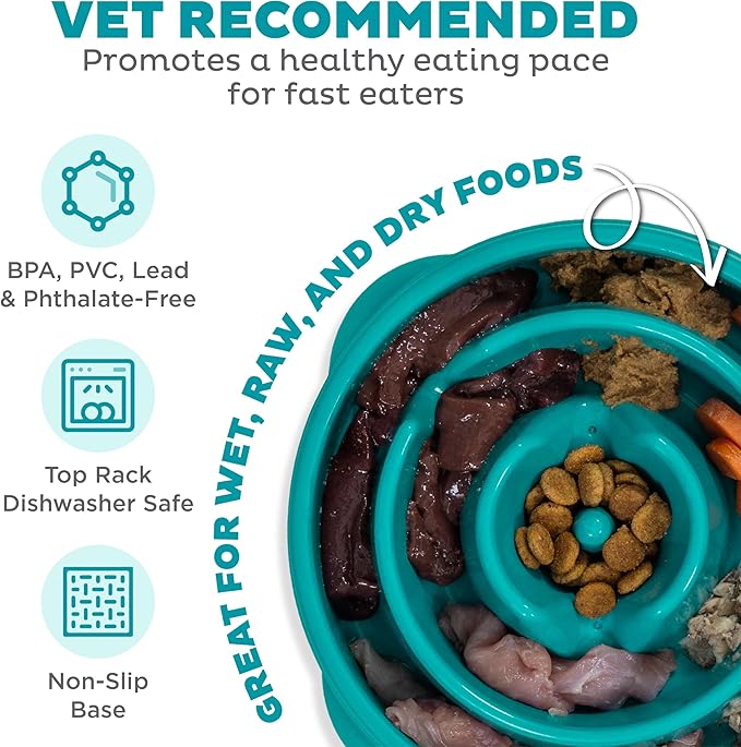 Outward Hound Fun Feeder Slo Bowl – Medium 2‑Cup Capacity, Slow Feeding, Small to Medium Dogs & Cats, Non-Slip, Turquoise, Drop Pattern