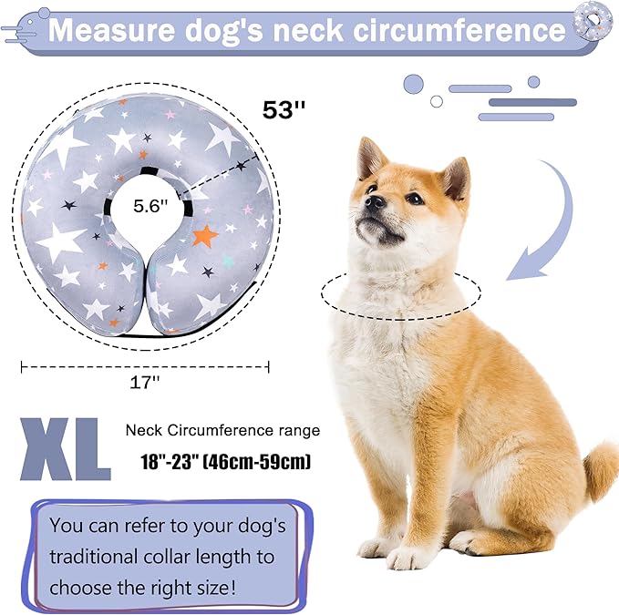 Recovery Donut Collar for Dogs & Cat,Inflatable Dog Cone Collar Alternative After Surgery,Soft Cone for Large Medium Small Dog,Adjustable Pet Neck Donut(Grey Star,X-Large