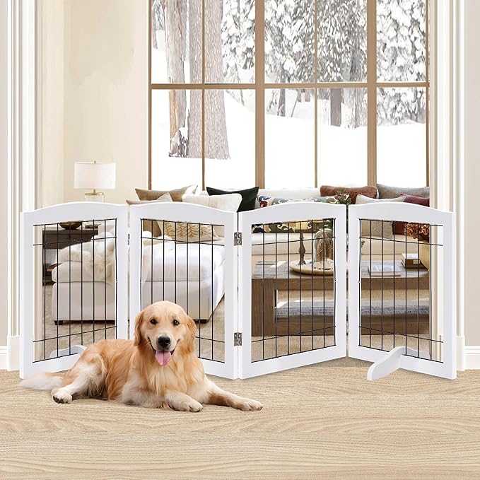 LZRS 4-Panel Freestanding Wooden Dog Gate—Extra Wide 30” Tall Foldable Pet Barrier with Support Feet, Solid Hardwood & Steel Wire Chew-Resistant Safety Gate for Doorways, Hallways, and Stairs, White
