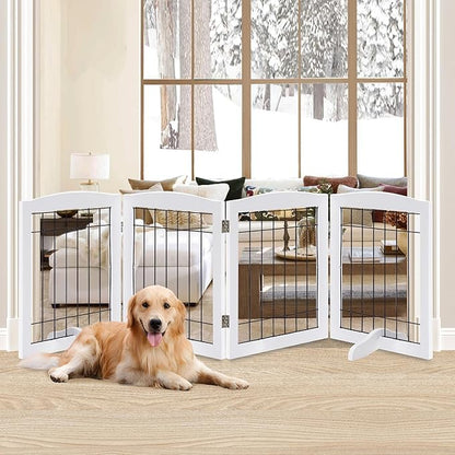 LZRS 4-Panel Freestanding Wooden Dog Gate—Extra Wide 30” Tall Foldable Pet Barrier with Support Feet, Solid Hardwood & Steel Wire Chew-Resistant Safety Gate for Doorways, Hallways, and Stairs, White