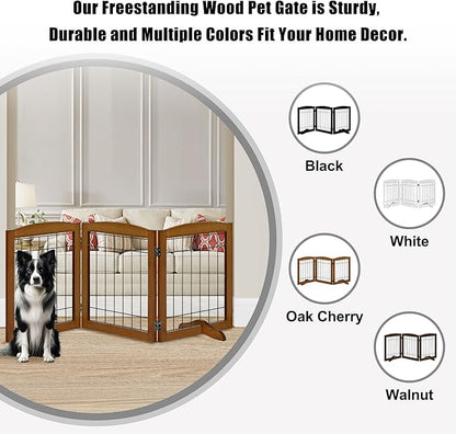 LZRS 3-Panel Freestanding Adjustable Wooden Dog Gate—30" Tall Foldable Pet Barrier with Support Feet, Chew-Resistant Solid Hardwood & Steel Wire Safety Fence for Doorways, Hallways, and Stairs, Cherry