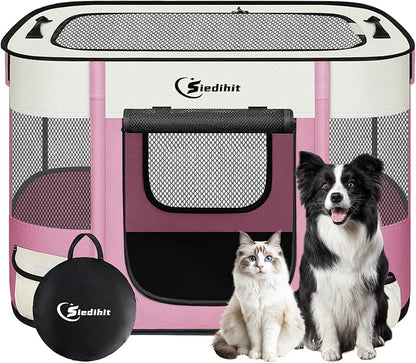 Dog Playpen,Cat Pet Puppy Pen,Portable Playpens for Dogs Indoor Outdoor Travel Camping Use,Foldable Dog Kennel Tent Crate for Rabbit Small Animals with Carrying Case (Pink, Medium)