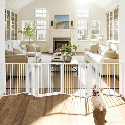 Snagle Paw Extra Wide Dog Gate,Free Standing Dog Fence with Door, Up to 156 Inch Wide Pet Gate with Support Feet for Stairs, Hallways, Doorways, Yard (White, 6 Panels)