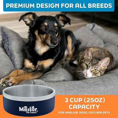 Master Pet Supply Stainless Steel Dog Bowls - 25 oz, Heavy Duty - Navy Blue, Double Wall Extra-Thick Insulated, Non-Slip Pet Water Bowl for Dogs, Cats & Pets, Anti Rust Metal, Dish Washer Safe