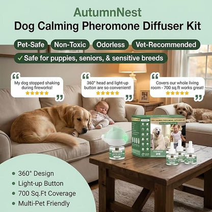 Dog Calming Diffuser Plug-in with Gentle Night Glow, 3 Refills Kit for Behavioral Support, Stress Soothing Aid for Pets During Travel, Thunder, Vet Visits, Fireworks, Safe Formula, 90 Days Supply