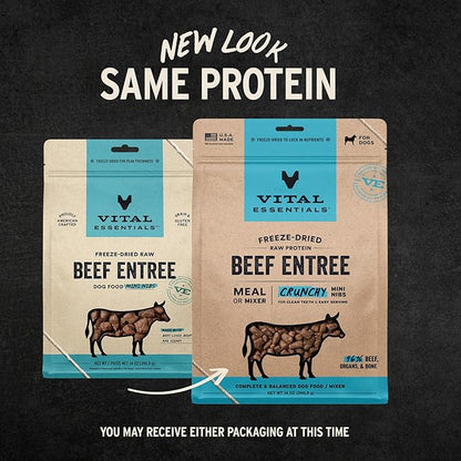 Vital Essentials Freeze Dried Dog Food,Raw Beef Crunchy Mini Nibs | Complete Meal or Topper | 96% Beef,Organs & Bone-| Limited Ingredient,High Protein,Grain Free Dry Dog Food-| 14 oz Bag,(Pack of 2)