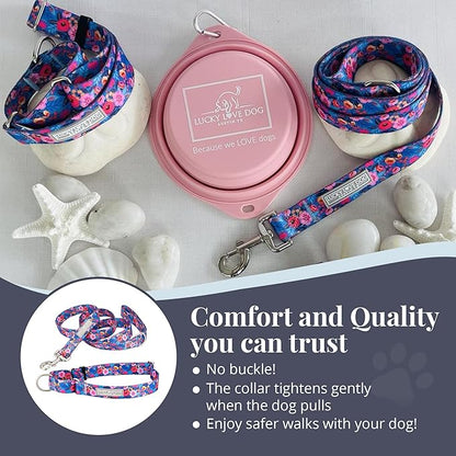 Lucky Love Dog Martingale Dog Collar & Leash - Adjustable, No-Slip, Durable, Comfortable, Soft Webbing, & Stylish Patterned Collar & Leash Set for Male and Female Dogs - Zuzu Combo, Small