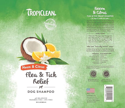 TropiClean Citrus Flea & Tick Shampoo for Dogs, Soothing Bite Relief, Fresh Citrus Scent, Made in the USA, 20oz.