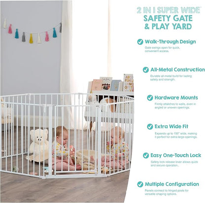 Regalo Safety 192" Super Wide Baby Gate & Play Yard, 2-in-1 Convertible Extra Wide Safety Barrier, Hardware Mounted for Toddlers & Pets, Tested & Safe for 30 Years, American Designed & Owned, White