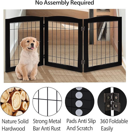 LZRS 3-Panel Freestanding Foldable Wooden Dog Gate –Solid Wood & Steel Wire Chew-Resistant Indoor Safety Pet Fence for Doorways & Stairs, Ideal for Small to Medium Dogs & Puppies, Black