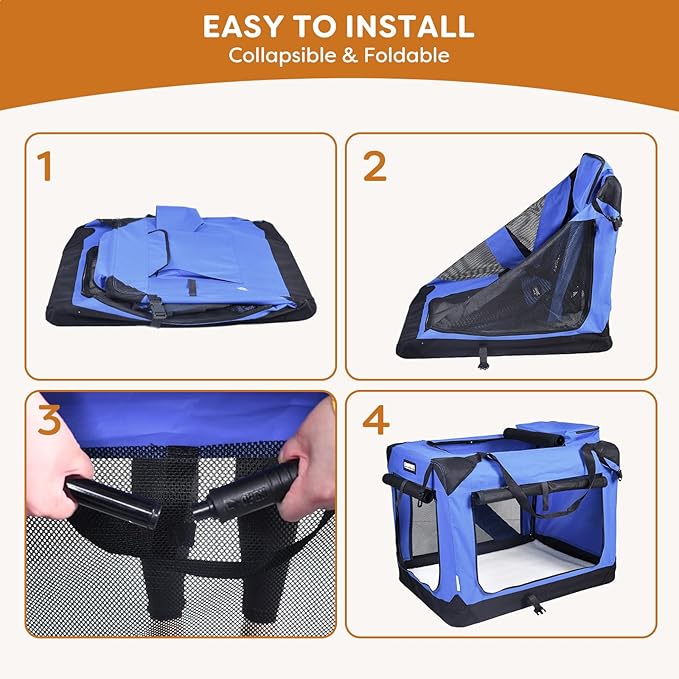 JESPET Soft Dog Crates Kennel for Pets, 3 Door Soft Sided Folding Travel Pet Carrier with Straps and Fleece Mat for Dogs, Cats (Royal Blue, X-Large(36" L x 24" W x 27" H))