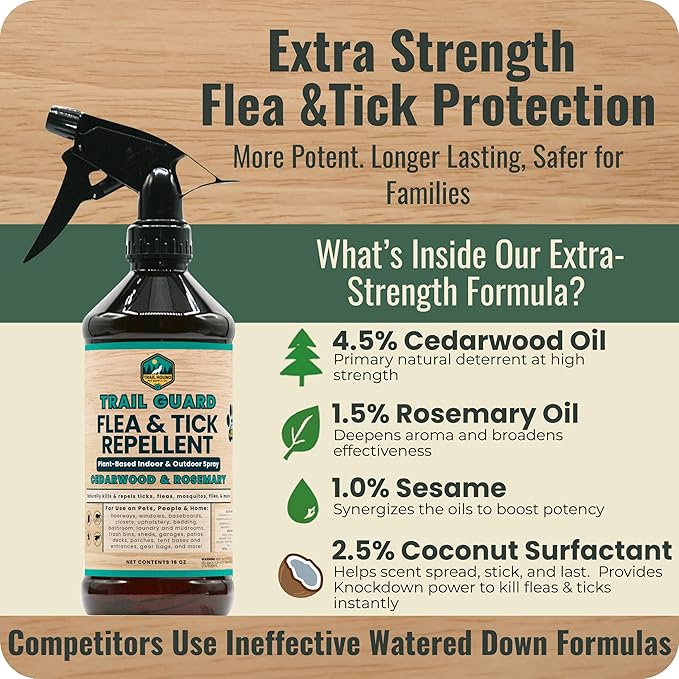 Trail Guard Natural Extra Strength Insect, Flea and Tick Spray for Dogs, Cats, People & Home (16oz (Pack of 2), Cedarwood & Rosemary)