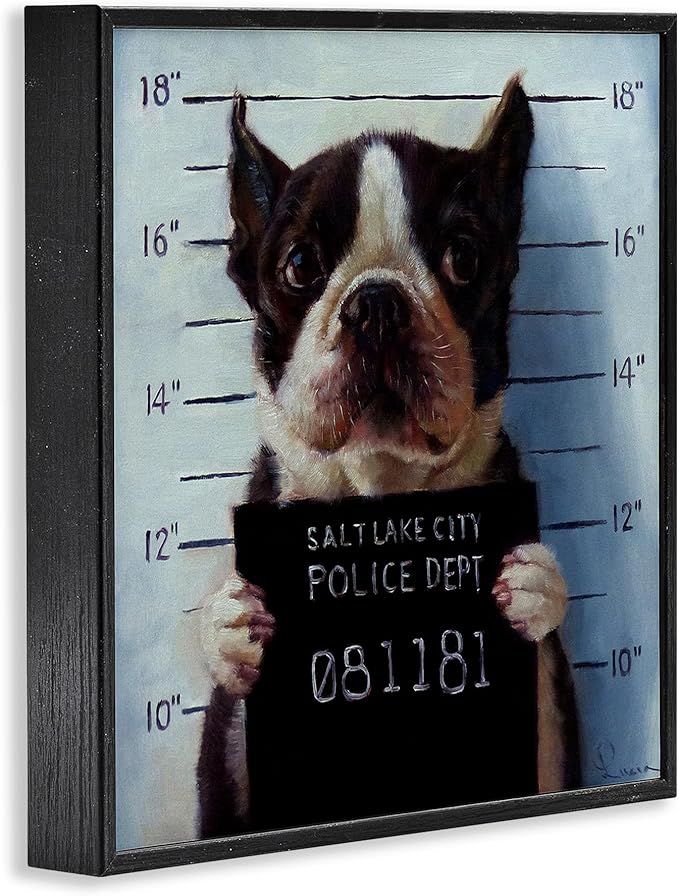 Stupell Industries Funny Boston Terrier Dog Jail Convicted Police, Design by Lucia Heffernan,Blue