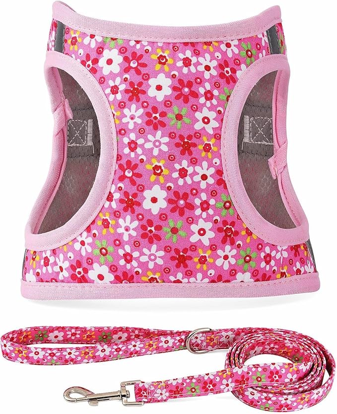 Moonpet Step in Dog Harness Leash Set- All Weather Reflective No-Pull Floral Pattern Padded Mesh Vest Harness for Cats Puppy Extra-Small Small Medium Large Dogs - Pink Flower - L