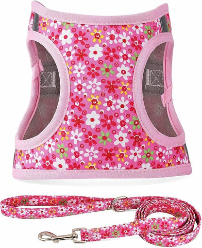 Moonpet Step in Dog Harness Leash Set- All Weather Reflective No-Pull Floral Pattern Padded Mesh Vest Harness for Cats Puppy Extra-Small Small Medium Large Dogs - Pink Flower - L