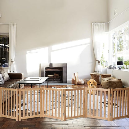 LZRS 6-Panel Extra-Wide Freestanding Wooden Dog Gate Indoor – 24”High Foldable Safety Pet Barrier for Doorways, Hallways, Kitchens, Durable Design fit Small to Medium Dogs, Natural