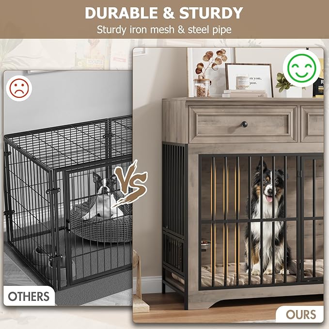 QUW 42" Modern Dog Crate Furniture, Wooden Dog Kennel for Medium to Large with 360°Rotating & 3-Levels Adjustable Height Dogs Bowl Holder, Decorative Dogs cage Pet House Indoor, Grey