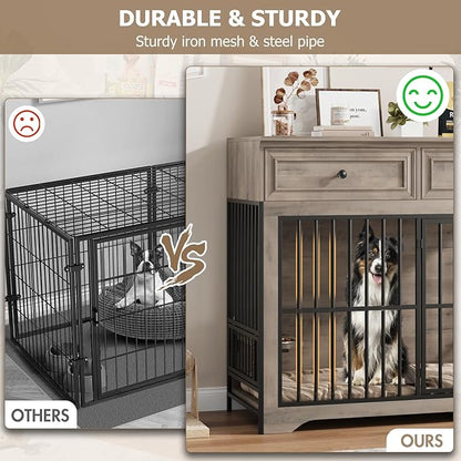 QUW 42" Modern Dog Crate Furniture, Wooden Dog Kennel for Medium to Large with 360°Rotating & 3-Levels Adjustable Height Dogs Bowl Holder, Decorative Dogs cage Pet House Indoor, Grey