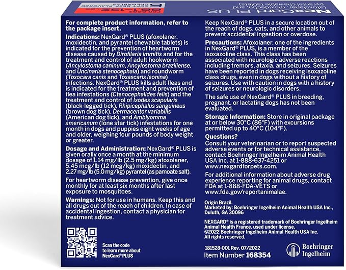 NexGard Plus (afoxolaner, moxidectin, and pyrantel) Flea and Tick Protection & Heartworm Preventive for Dogs Soft Beef Flavored Chewables, 66.1-132 lbs. (Red) 6 Chews (6 Month Supply)