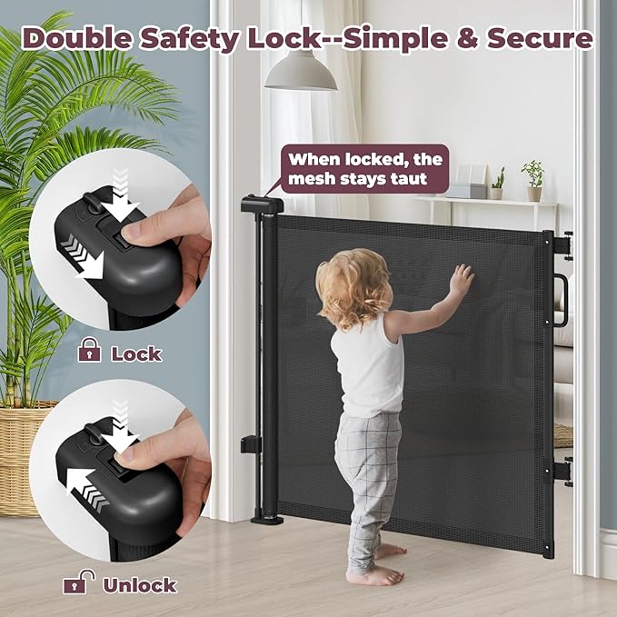 Retractable Baby Gate for Stairs, 55" Wide Mesh Dog Gate Indoor, 34" Tall Child Gate for Doorways, Hallways, Deck, Indoor Outdoor Pet Baby Safety Essentials for Home, Black