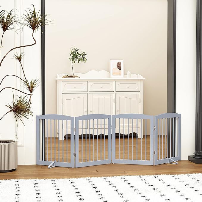 PUPETPO Freestanding Pet Gate for Dogs, Foldable Wooden Dog Gate for House, Indoor Dog Gate for Stair, Doorway, Gates for Dogs Indoor, 80 Inch Wide, 4 Panels 24", Grey