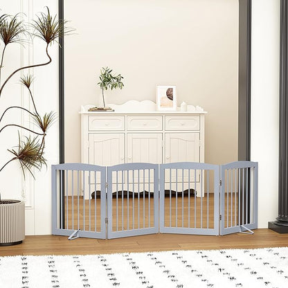 PUPETPO Freestanding Pet Gate for Dogs, Foldable Wooden Dog Gate for House, Indoor Dog Gate for Stair, Doorway, Gates for Dogs Indoor, 80 Inch Wide, 4 Panels 24", Grey