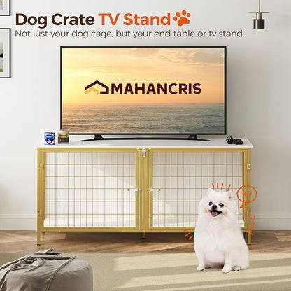 MAHANCRIS Dog Crate Furniture for 2 Dogs, 43.3" Dog Kennel with Removable Divider, Heavy Sturdy Dog Furniture Style Double Cage for Small Medium Dog, Indoor Pet House End Table, White and Gold