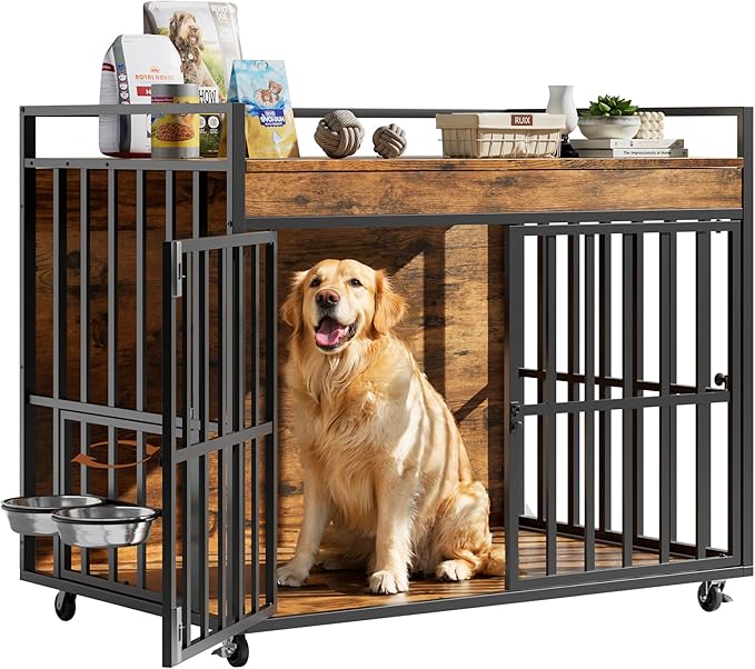 43 Inch Dog Crate Furniture, Heavy Duty Dog Kennel with 3 Doors, 2 Adjustable Bowls and Lockable Wheels, Wooden Dog House for Large Dogs, End Table Dog Cage, Rustic Brown