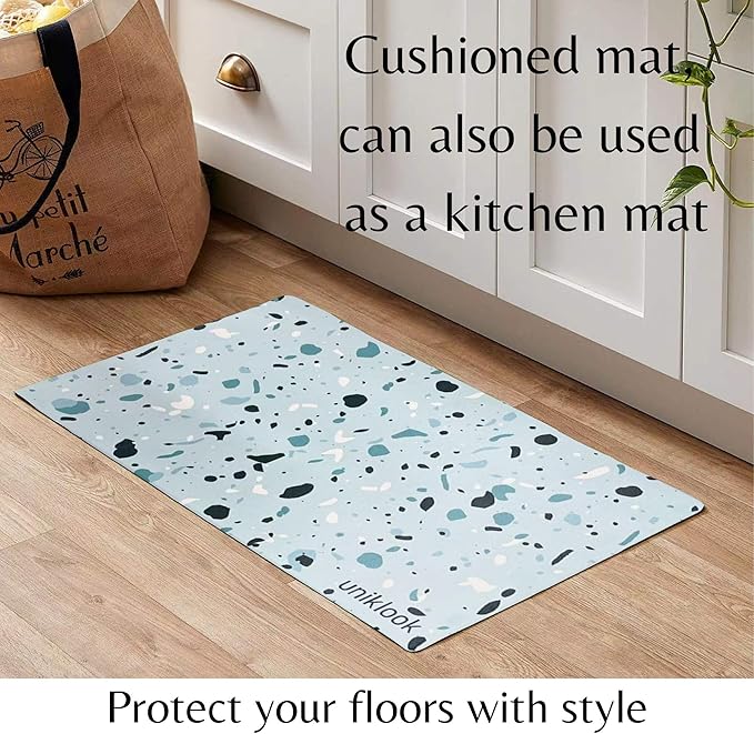 Large Pet Placemat Food & Water, Dog Cat Food Mat for Pet Bowls 28" X 16.5" Waterproof Easy to Clean Dog Mat for Bowl Food Water Terrazzo Blue Uniklook