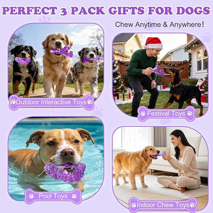 3Pack Dog Chew Toys for Aggressive Chewers, Indestructible Interactive Dog Chew Nylon Bone Toys for for Medium Large Breed 15-60lbs, Teething Toy to Keep Them Busy, Bacon Flavor (Purple)