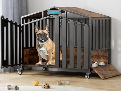 EasyCom 31" Heavy Duty Dog Crate Furniture, Dogs Kennel Indoor with 360° Wheels, Decorative Dog Crates for Small Dogs, Wooden Dog Cage with Feeding Window and Name Tag, Dog House, Rustic Brown
