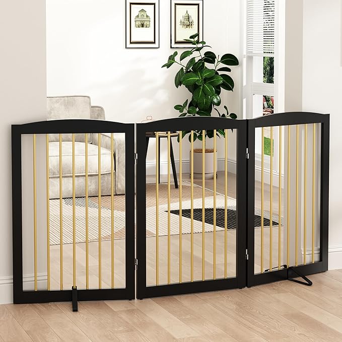 PUPETPO Freestanding Pet Gate for Dogs, Foldable Wooden Dog Gate for House Indoor, Step Over Pet Puppy Safety Fence for Stair, Doorway,Hall, Support Feet Included,3 Panels 32",Black&Gold