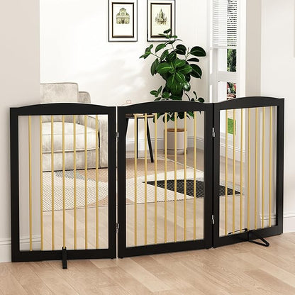 PUPETPO Freestanding Pet Gate for Dogs, Foldable Wooden Dog Gate for House Indoor, Step Over Pet Puppy Safety Fence for Stair, Doorway,Hall, Support Feet Included,3 Panels 32",Black&Gold