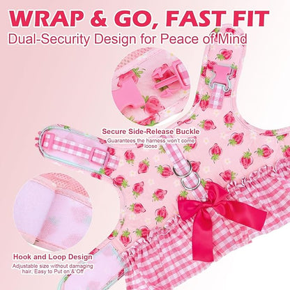 EXPAWLORER Dog Harness Small Medium Sized Dogs, Plaid Dog Dress Bowknot Harness and Leash Set, No Choke No Pull Soft Mesh Vest Cute Princess Puppy Outfits Clothes Costume for Girls Party Cats Pink S