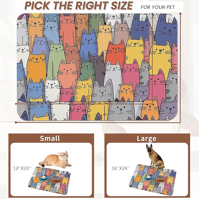 Funny Cats Family Dog Cat Food Mat,Absorbent Pet Feeding Mat for Food and Water,Non-Slip Dog Bowl Mats Floor Protector 12"x20"