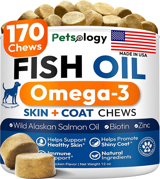 Omega 3 Fish Oil for Dogs - 170 Chews - Omega 3 for Dogs Itchy Skin & Allergy Relief - Skin & Coat Supplement - EPA & DHA Fatty Acids - Dog Anti Shedding & Hot Spot Treatment - Salmon Oil