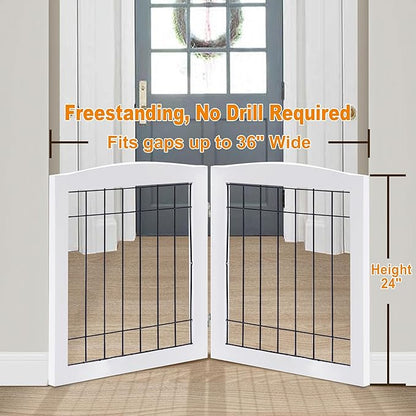 LZRS 2-Panel Freestanding Foldable Wood Dog Gate – Solid Wood & Steel Wire, Chew-Resistant Pet Barrier for Indoor Use, Ideal for Small to Medium Dogs, White