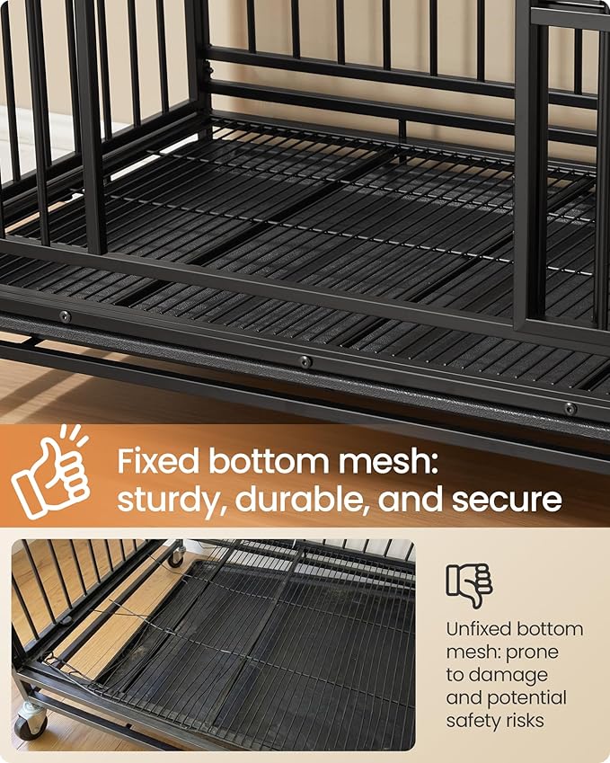 Feandrea Heavy-Duty Dog Crate, 5-Minute Quick Assembly, Foldable Dog Kennel Cage with Lockable Wheels, Double Doors, Escape Proof Fixed Bottom, Removable Tray, Easy to Clean, Ink Black, 48 Inch