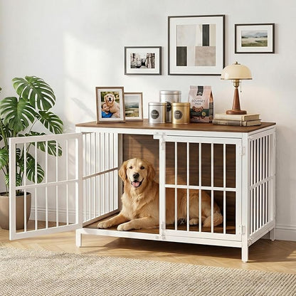 HOOBRO Heavy Duty Dog Crate Furniture, 39.4" Wooden Indoor Kennel with 3 Doors, Chew Resistant Metal Cage for Medium and Large Breeds, Dog Crate Side Table, White and Walnut WH101GW03