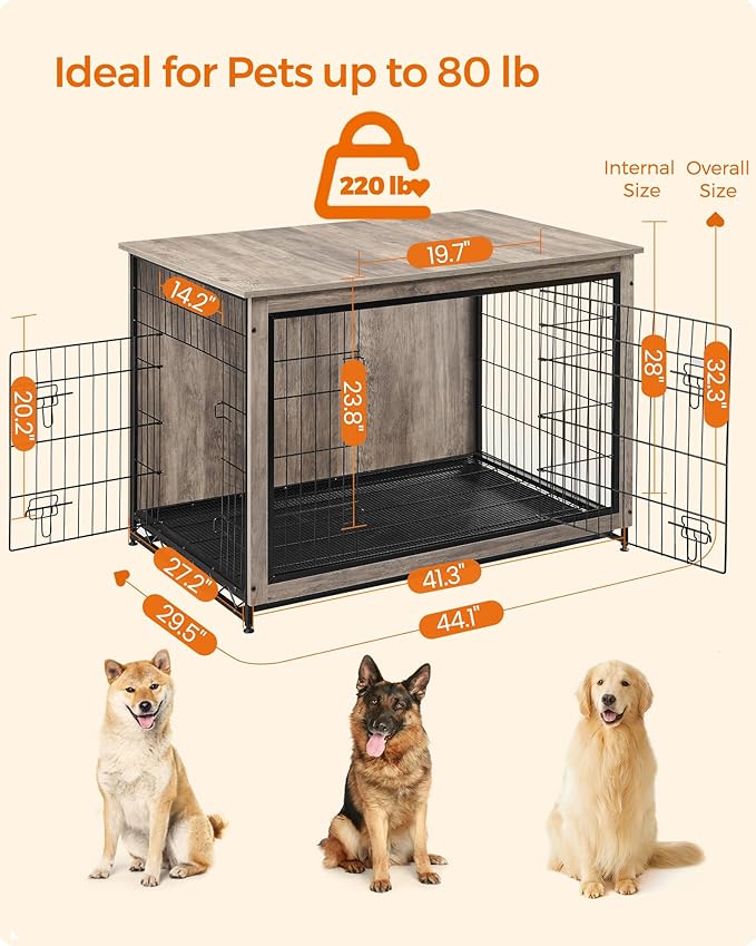 Feandrea 44.1" Dog Crate Furniture, Indoor Dog Cage Side End Table, XL Pet Wood Kennel for Large and Medium Dogs up to 80 lb with Multi-Purpose Removable Tray, Double-Door Pet House, Greige