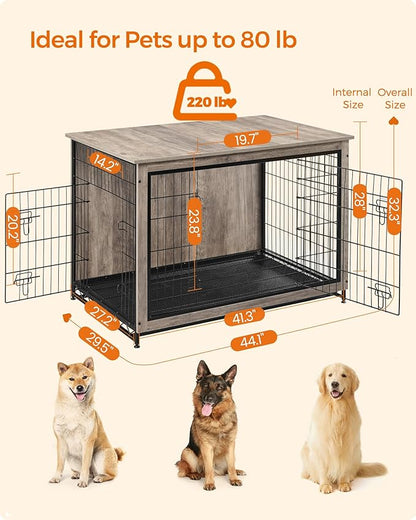Feandrea 44.1" Dog Crate Furniture, Indoor Dog Cage Side End Table, XL Pet Wood Kennel for Large and Medium Dogs up to 80 lb with Multi-Purpose Removable Tray, Double-Door Pet House, Greige